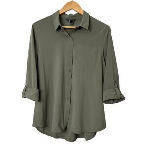 Eddie Bauer Women’s L Olive Green Button Up Shirt Roll Tab sleeve Stretch Blouse